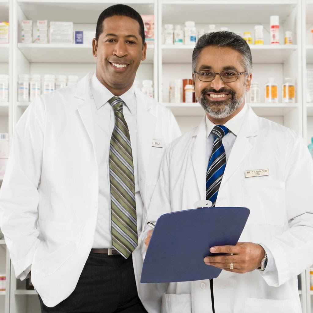 Two pharmacists standing together in a pharmacy